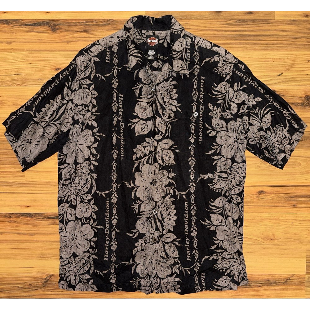 Harley Davidson Linen Hawaiian Shirt Black Floral Biker Dadcore Button Up Large